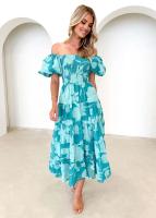 Vestido estampado en capas con manga de burbuja de gasa con un cuello para mujer de verano 2025 - details 2
