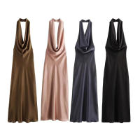 Vestido largo de satén sin mangas para mujer, casual Tre con escote grande y espalda abierta, fruncido, verano - details 1