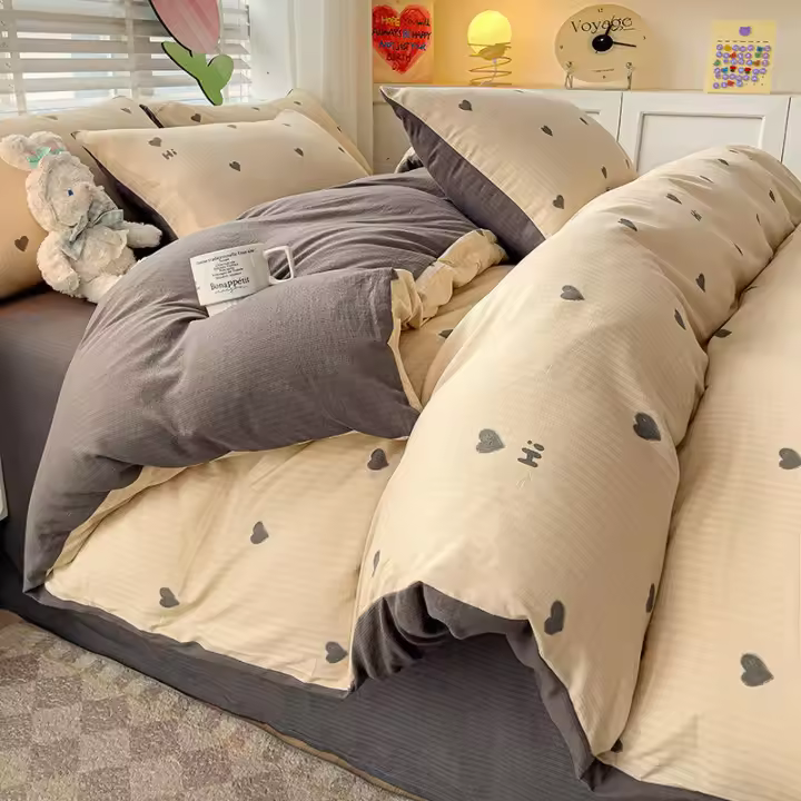 Juego de cama: Sábana ajustable de algodón lavado puro de cuatro piezas, funda de edredón, juego de tres piezas de cama individual para dormitorio de estudiantes: Sábana, funda - 1