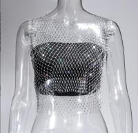 Top corto de malla con diamantes de imitación para mujer, chaleco Sexy con hombros descubiertos, ajustado, transparente, elástico, talla grande, Blanco, Negro, beige, Verde - details 5