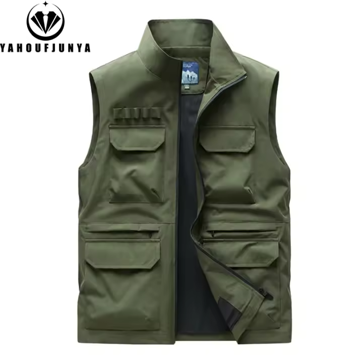 2025 nuevo verano hombres sin mangas ocio al aire libre chaleco con cuello levantado hombres muchos bolsillos Color sólido transpirable chaleco fino chaleco masculino - 1