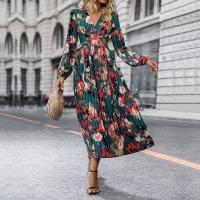 Vestido plisado de manga larga con cuello en V para mujer, estampado verde vintage, primavera y otoño - details 2