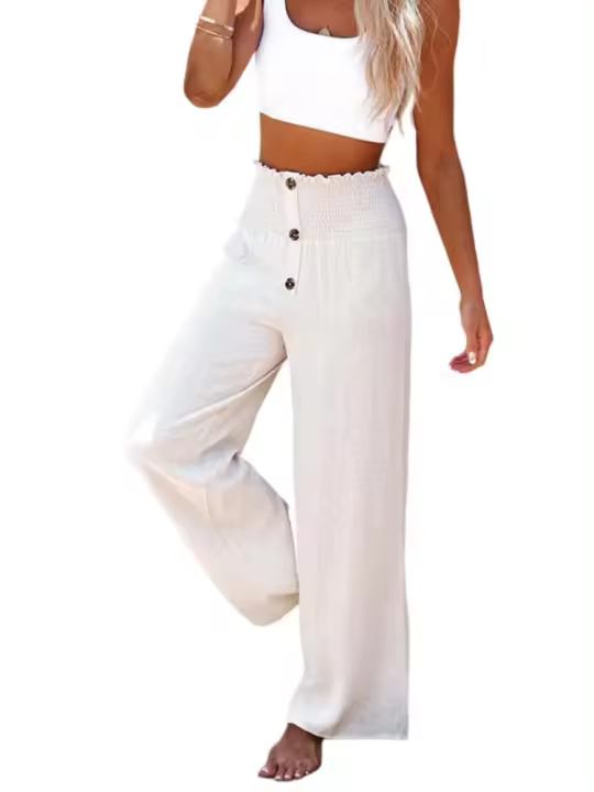 Pantalones de mujer con cintura elástica, pierna ancha, corte holgado, lino, estético, original, clásico, elegante y con estilo - 1