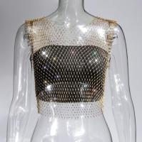 Top corto de malla con diamantes de imitación para mujer, chaleco Sexy con hombros descubiertos, ajustado, transparente, elástico, talla grande, Blanco, Negro, beige, Verde - details 7