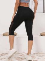Leggings de ejercicio para mujer con empalme de malla y bolsillos Capri Tummy Tuck de cintura alta para yoga - details 5