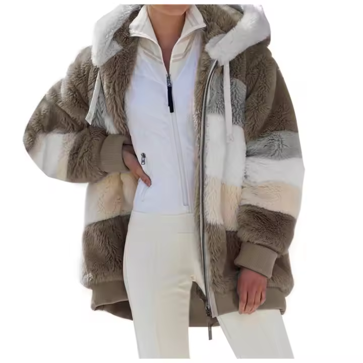 Chaqueta de oso de peluche con capucha para mujer，Cremallera Casual de manga larga，Abrigo de invierno cálido，Color a juego - 1