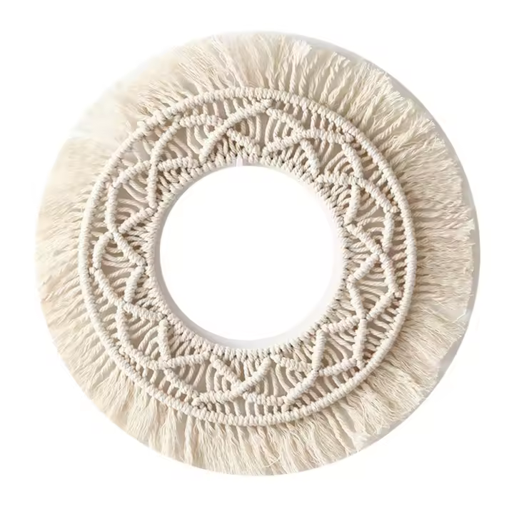 Tapiz con marco de espejo de pared bohemio, telón de fondo de macramé tejido hecho a mano, tapiz con marco de pared para decoración para sala de estar del hogar - 1