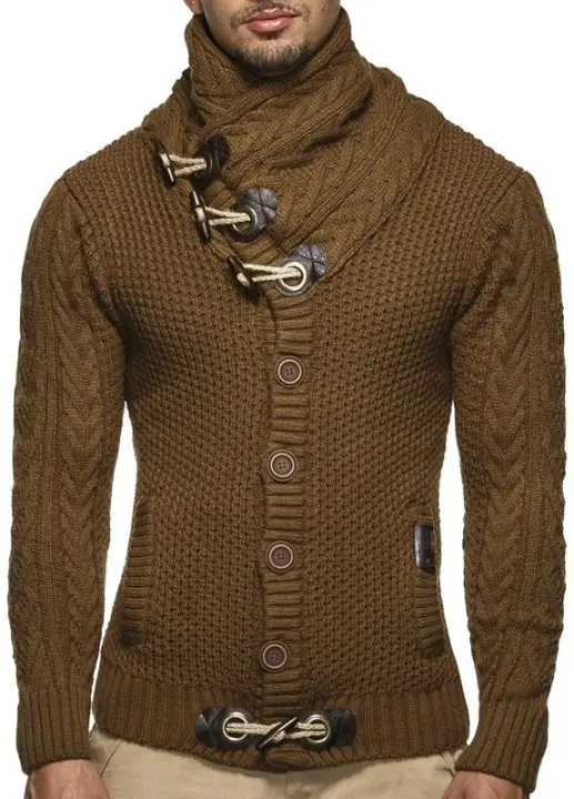 Suéter de punto tipo cárdigan de un solo pecho con cuello alto para hombre, para otoño e invierno - 1