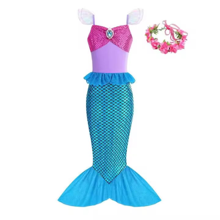 AmyStylish Niñas Princesa Sirena Ariel Cosplay Halloween Fiesta de Cumpleaños Verano Playa Vacaciones Vestido - 1