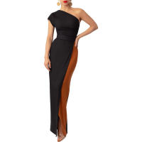 Invitada con un hombro largo y diseño de bloques de color Wo, estilo elegante, vestido de noche de boda de longitud media, vestido nquet para Wo, estilo, , - details 11