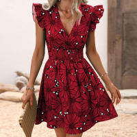 Vestido corto informal con estampado Floral para mujer, minivestido de calle con manga con volantes, rojo S - details 7