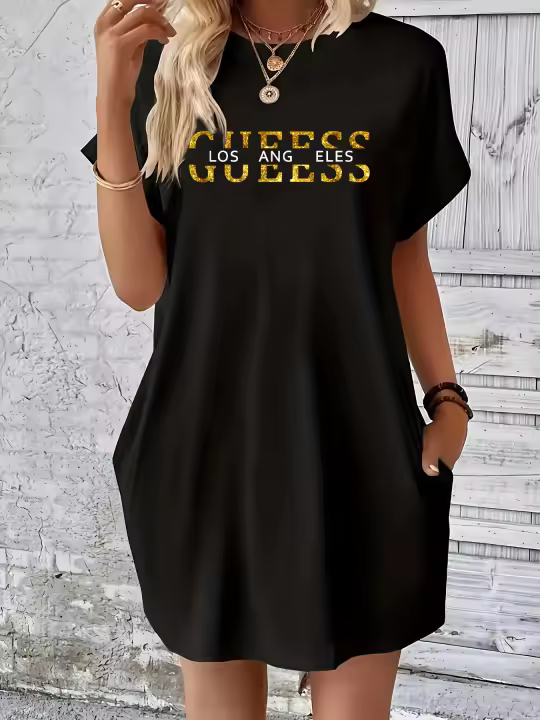 Vestido holgado de verano para mujer, estampado de letras GUEESS Los Ángeles, cuello redondo, manga corta, bolsillo, cómodo, informal, de talla grande - 1