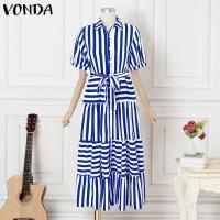 Vestido de mujer 2025, vestido veraniego a rayas bohemio, Vestidos con volantes de verano, VONDA, informal, holgado, con cuello de solapa, estampado, bata con cinturón de gran tamaño - details 4