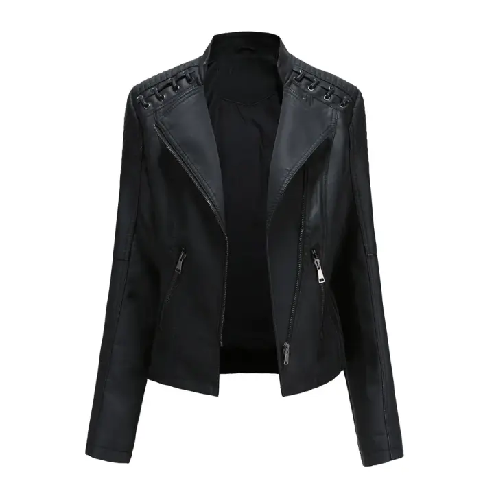 Chaqueta ajustada de cuero PU para mujer, abrigo corto con cuello levantado y cremallera, ropa de abrigo para motorista, primavera y otoño - 1