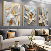 Póster de flores blancas y doradas abstractas nórdicas, pintura en lienzo Floral Simple escandinava, arte de pared de salón moderno, decoración del hogar - details 0