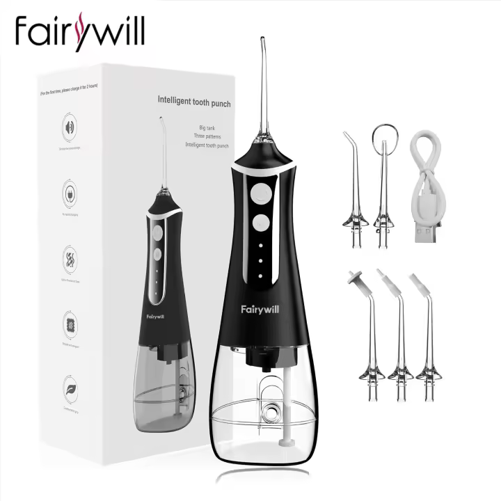 Fairywill Irrigador de Agua Portátil Limpieza Dental a Prueba de Agua con 5 Boquillas para Focos, Viajes - 1