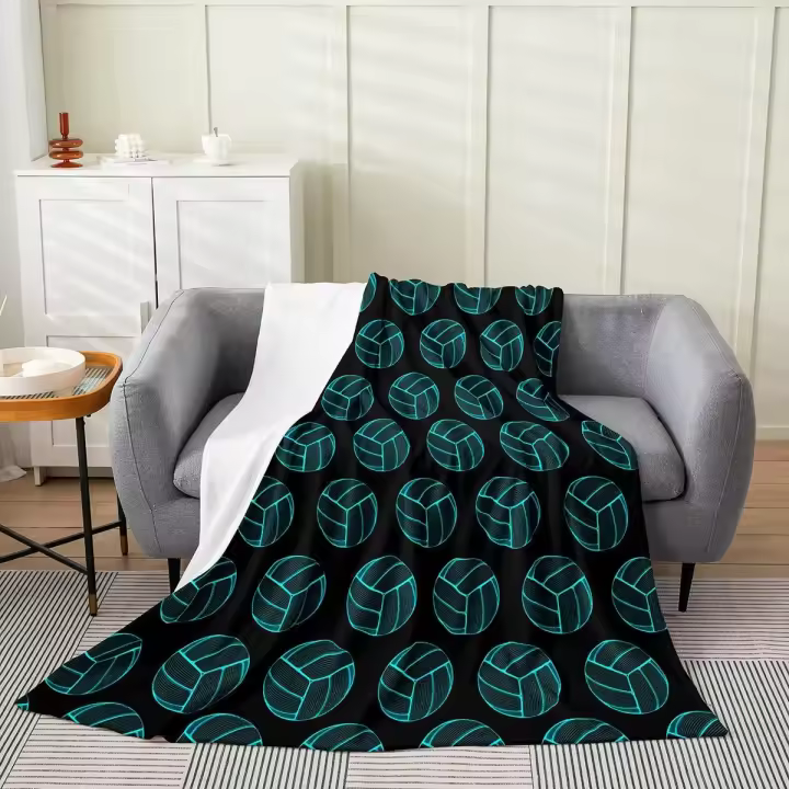 Manta de felpa con patrón de voleibol, para deportes de pelota, manta polar de franela, juegos decorativos de bolas de neón verde azulado durante toda la temporada, manta de cama, regalo para jugador de voleibol Queen - 1