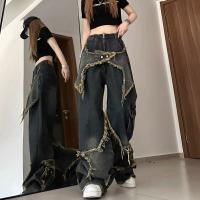Pantalones vaqueros holgados Retro para mujer, diseño con borde áspero, pantalones rectos de pierna ancha, tendencia - details 1