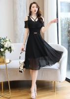 Vestido de gasa para mujer, novedad de verano, falda de hada ajustada de longitud media con cintura ajustada y hombros descubiertos - details 12