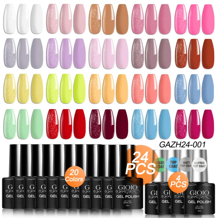 Juego de 24 esmaltes de uñas de gel, kit de esmalte de gel de 20 colores, capa base, brillante, mate y con purpurina, kit de uñas de gel, color nude, rosa, verde, azul, rojo, colección de gel UV para todas las estaciones para mujeres - 1