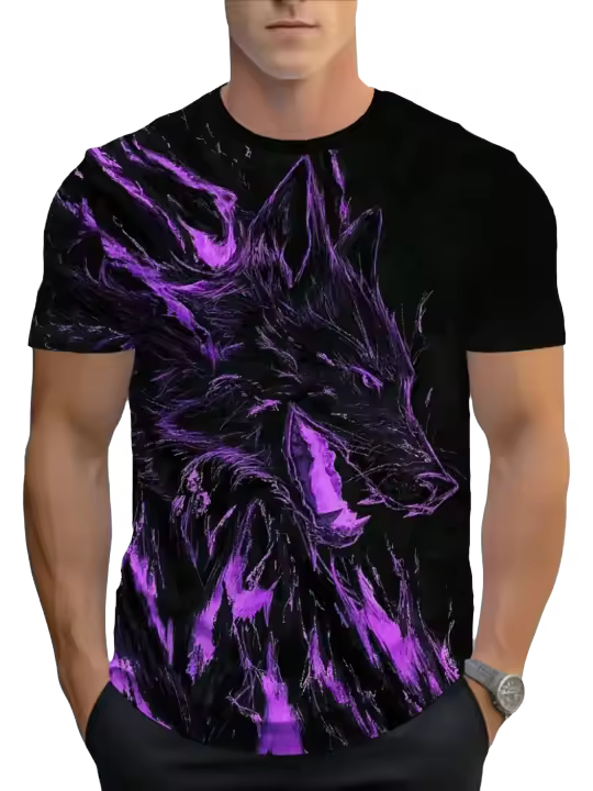 Camiseta con estampado de lobo en 3D para hombre |   Camiseta de poliéster violeta y negro vibrante |   Cuello redondo, manga corta |   Ajuste cómodo para todas las estaciones |   Lavable a máquina |   Ideal para uso diario, viajes y fitness, camiseta de - 1