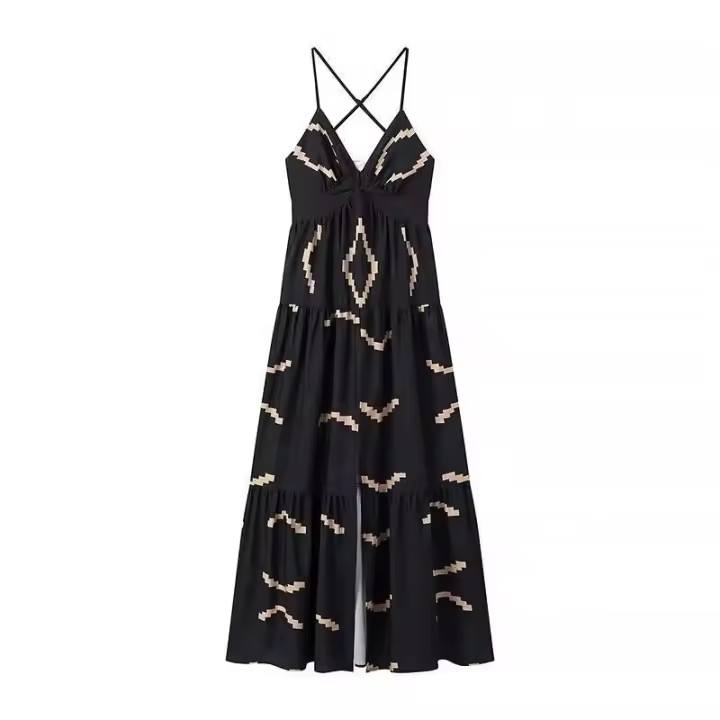 OUWU- Vestido largo con volantes en capas florales en 3D para mujer, sin mangas y sin espalda para vacaciones, elegante bata de fiesta en la playa - 1