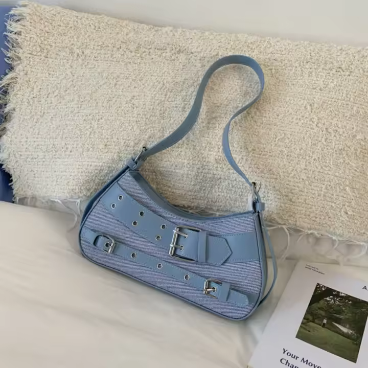 Bolso de mano a la moda Y2K, bolso para axila con remaches, bolso de hombro para chica picante, bolso cruzado Retro con hebilla de cinturón para niñas - 1