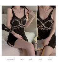 Satén sedoso jacquard encaje sexy puro halter dividido camisón bata conjunto de hogar para mujer - details 8