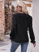 Blusa de gasa de retazos de encaje para mujer, camisa elegante informal de manga larga con cuello en V, trabajo de oficina, moda - details 21