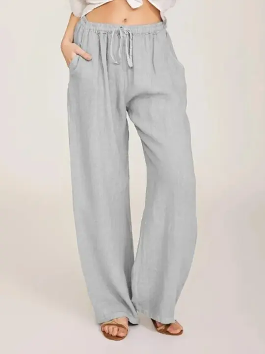 Pantalones de Lino de Algodón para Mujer Cintura Elástica, Bolsillo, Estilo Callejero - 1