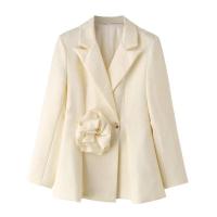 BUNO-Primavera otoño mujer chaqueta de traje Beige moda flores decoración cuello con muescas de un solo pecho de manga larga chaquetas femeninas abrigo - details 1