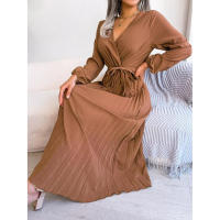 Vestido largo plisado con dobladillo grande para mujer, vestido cruzado de Color liso con cuello en V, moda de primavera y verano - details 4