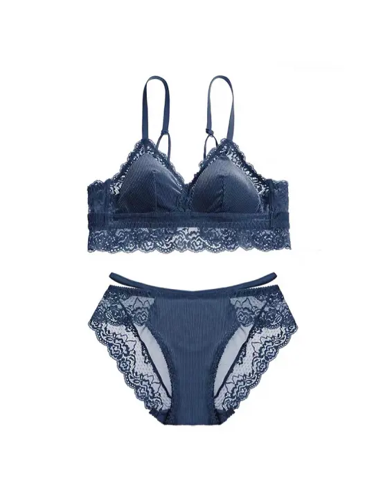Conjunto de Lencería de Encaje Delgado Sin Aretes, Vestido de Espalda Desnuda, Ropa Interior de Moda para Mujeres en Rosa/Azul - 1