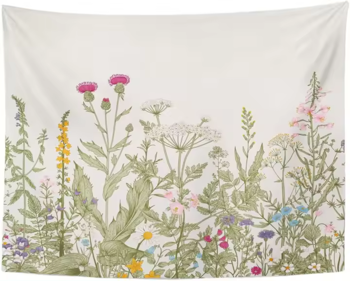 Tapiz Vintage Floral con Borde de Hierbas Silvestres Estilo de Grabado Botánico para Decoración del Hogar Pantalla de Dormitorio Colorida - 1