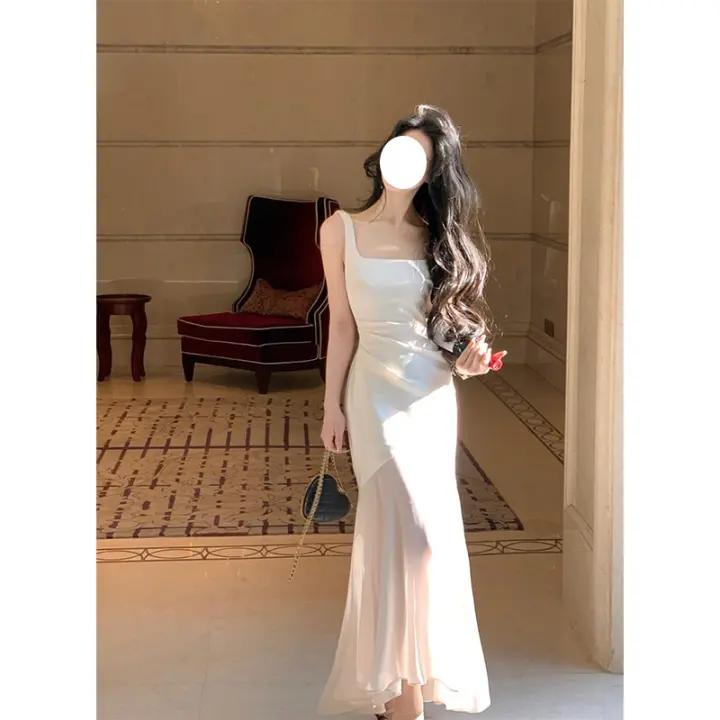 Camisola de satén con cuello en U para mujer, falda larga con diseño de temperamento de alta sociedad, falda larga con cola de pez, vestido formal francés - 1