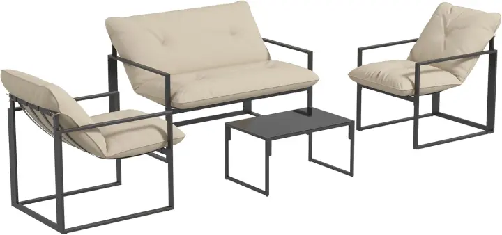 Salón de jardín (4 piezas, 4 personas, sofá de 2 plazas, 2 sillones y 1 mesa baja, 3 cojines para terraza jardín, acero negro poliéster, gris - 1