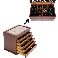 Caja organizadora de joyas de nogal de 6 capas con diseño de flores exquisitas talladas, cajas de joyería de madera rústica y almacenamiento - details 0