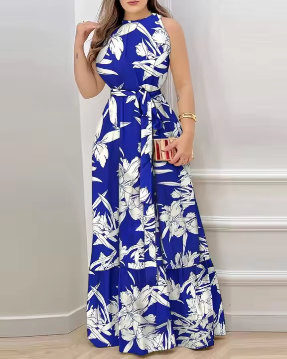 Vestido nuevo de verano europeo y americano con estampado de hojas de loto y tirantes en el cuello para mujer - 1