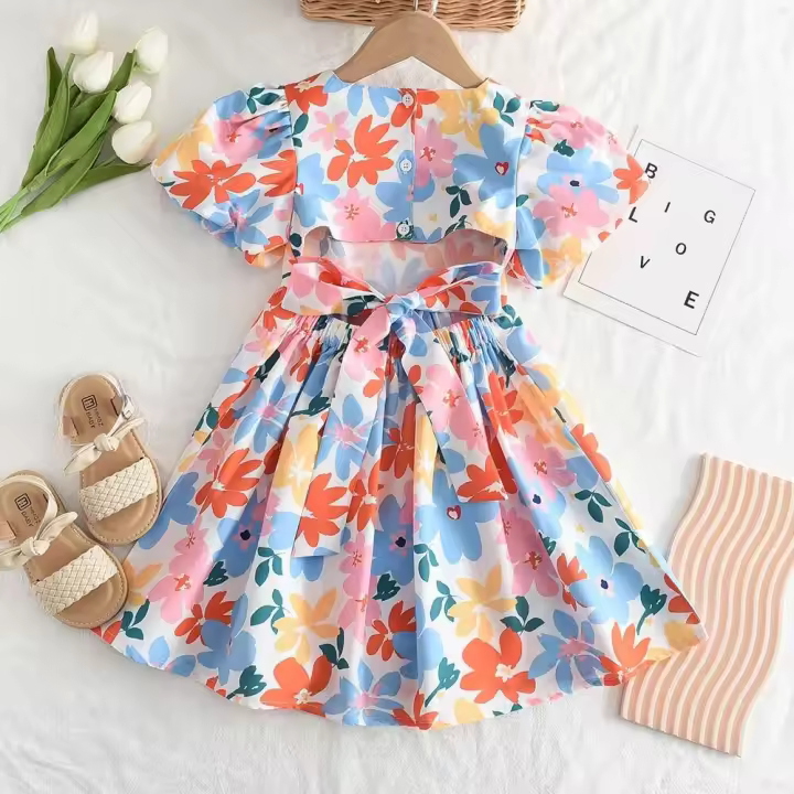Niñas, novedad de verano 2023, vestidos florales coloridos de manga corta para 3 a 7 años, ropa para niñas - 1