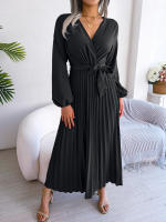 CDM Women Elegant V Neck Long Sleeve Pleated Maxi Dress - details 9