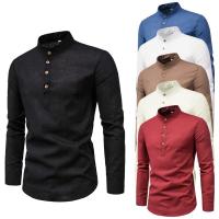 Camisa De Negocios Para Hombre De Cuello Erguido De Color Sólido Y Corte Slim Con Mangas Largas Y Cierre Único - details 0