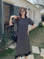 Vestido de punto a rayas de manga corta con borlas francesas para mujer en verano, falda larga fina, de alta gama, elegante y hermosa - details 15