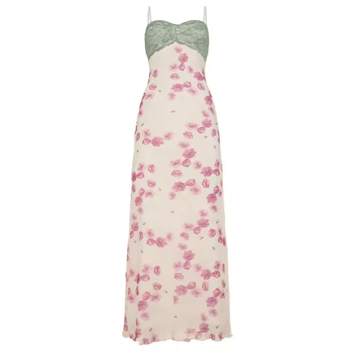 BUNO-Vestido largo sexi con tirantes finos y estampado de encaje para mujer, vestido elegante sin mangas con hombros descubiertos y espalda descubierta, vestido ajustado de cintura alta - 1