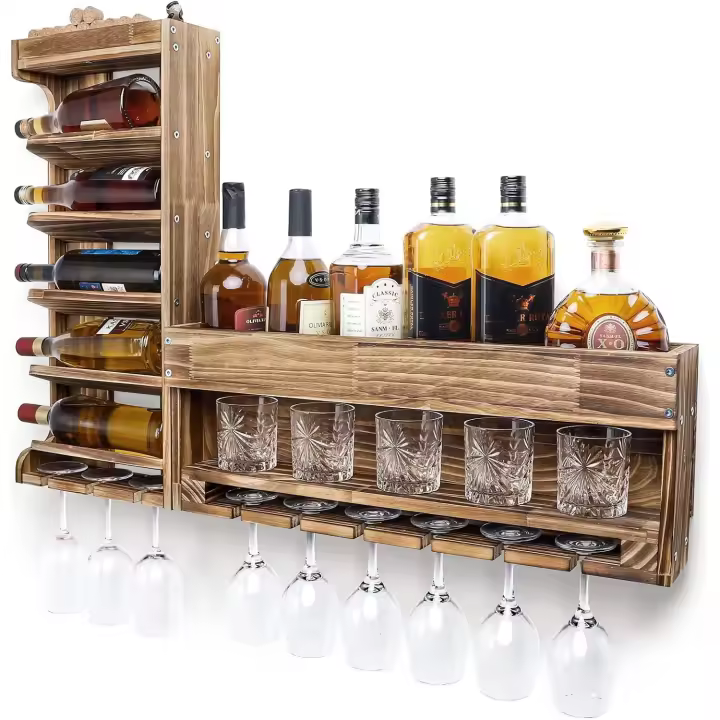 Vino de Madera Montado en la Pared, Almacenar Botellas, Exhibidor de Vidrio, Ideal para champán, Color Marrón - 1