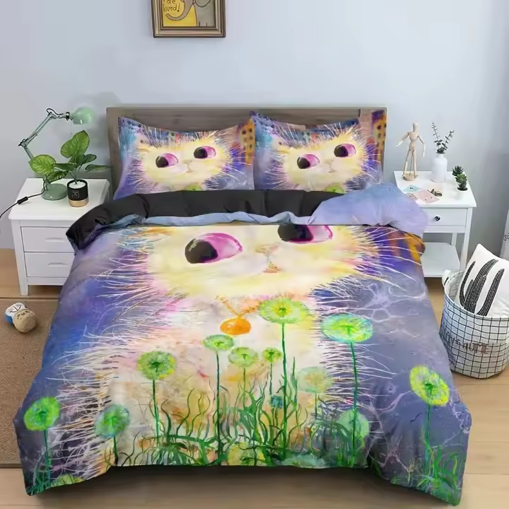Juego de cama de gato de dibujos animados de acuarela para niños y niñas, funda nórdica de tamaño Queen, funda de almohada, cama para niños y adultos, textiles para el hogar - 1