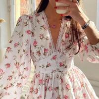 Vestido corto de encaje con cuello en V estampado de temperamento dulce nuevo de primavera para mujer - details 5