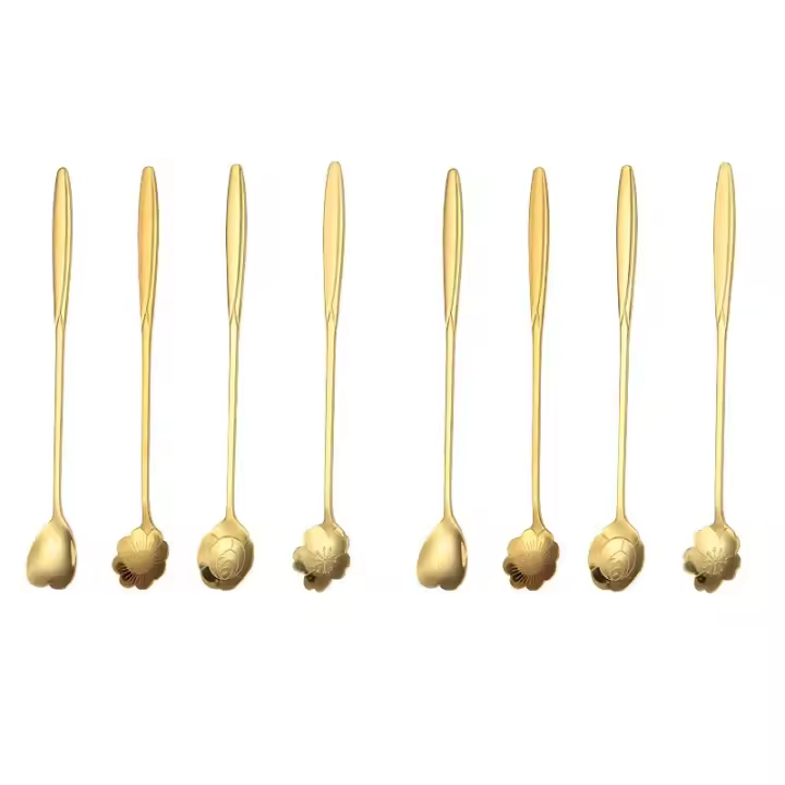 Cuchara de café de acero inoxidable con forma de rosa y cereza, cuchara dorada, regalos, cocina, postre, té, accesorios, decoración de vajilla, 8/12 Uds. - 1