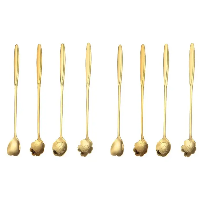 Cuchara de café de acero inoxidable con forma de rosa y cereza, cuchara dorada, regalos, cocina, postre, té, accesorios, decoración de vajilla, 8/12 Uds. - 1