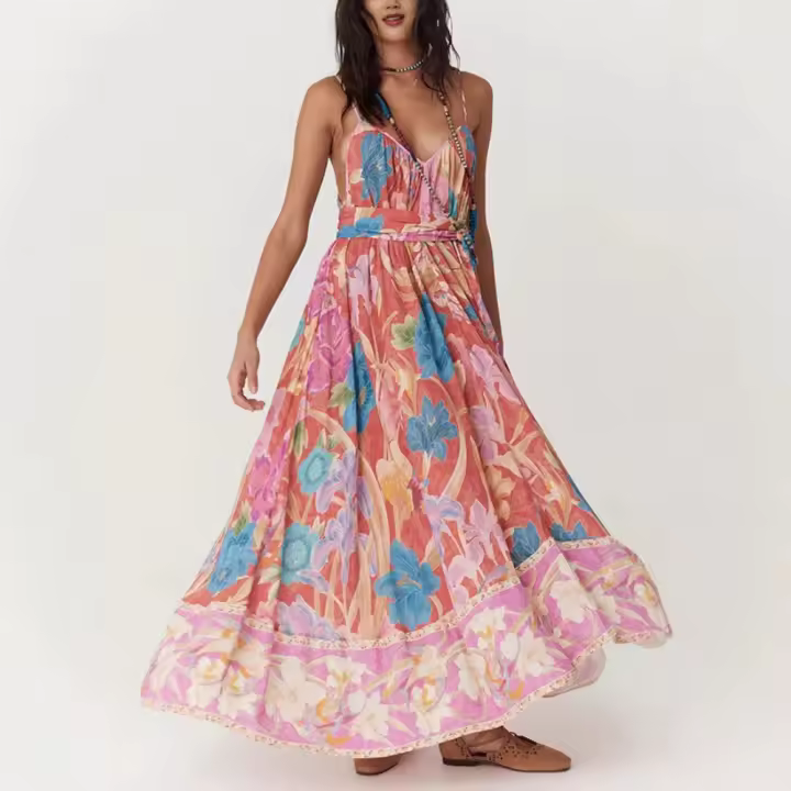 Vestido largo de verano tropical con estampado floral, tejido de poliéster transpirable, mangas finas, cuello en V, asimétrico para playa/vacaciones. - 1