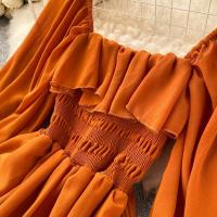 Nuevo modelo de vestido maxi elegante con cuello cuadrado para mujer, gasa lisa con mangas abullonadas, bata de fiesta en la playa, vestidos con volantes vintage - details 20